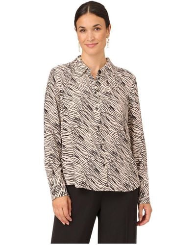 Adrianna Papell Printed Soft Crepe Woven Button Front Top - Natural