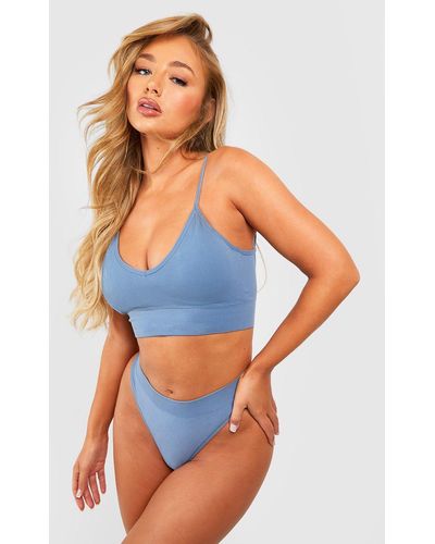 Boohoo Seamfree Triangle Bralet & Thong Set - Blue