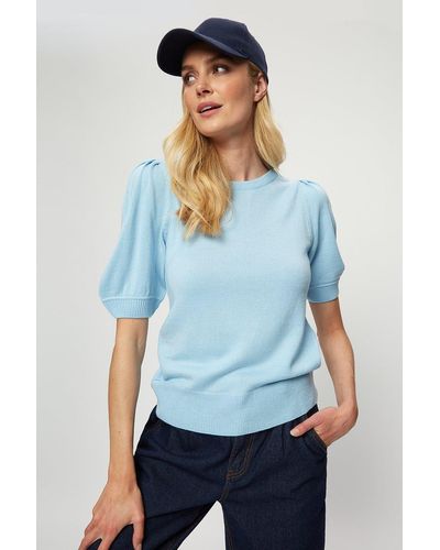 Dorothy Perkins Pale Blue Puff Sleeve Knitted Tee - White