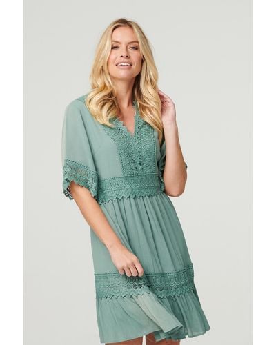 Izabel London Lace Detail 1/2 Sleeve Short Dress - Green