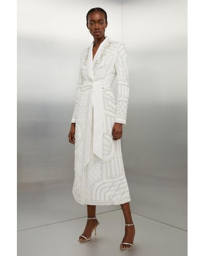 Karen Millen Crystal Embellished Woven Maxi Blazer Dress - White