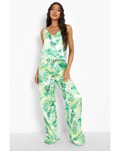 Boohoo Tall Satin Tropical Print Pj Trouser Set - Green