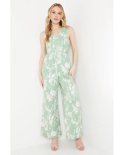 Oasis Sage Floral Ottoman Twill Belted Wide Leg Jumpsuit - Green
