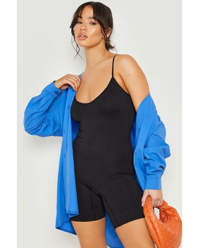 Boohoo Basic Seamless Rib Strappy Short Unitard - Blue