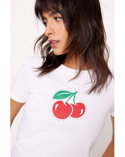 Nasty Gal Cherry Glitter Diamante Baby Fit T-shirt - White