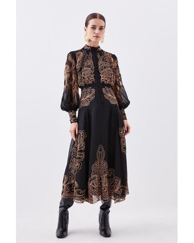Karen Millen Petite Cutwork Beaded Embroidered Woven Maxi Dress - Black