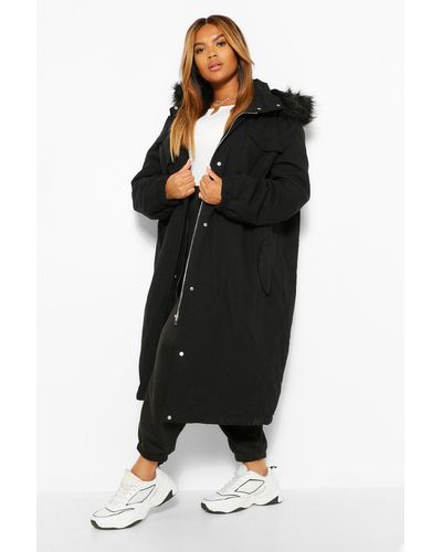 Boohoo Plus Longline Faux Fur Trim Parka Coat - Black