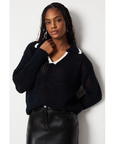 Warehouse Open Collar Knitted Jumper - Black