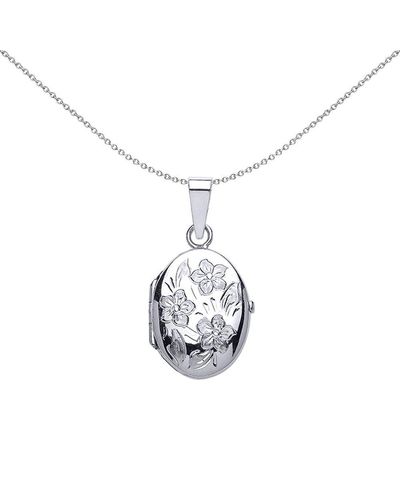 Jewelco London Silver Oval Flowers Locket Necklace 18 Inch - Lk26 - Metallic