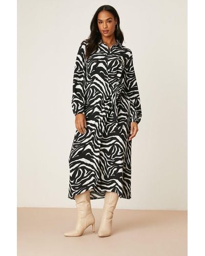 Dorothy Perkins Mono Zebra Print Tie Midi Shirt Dress - Multicolour