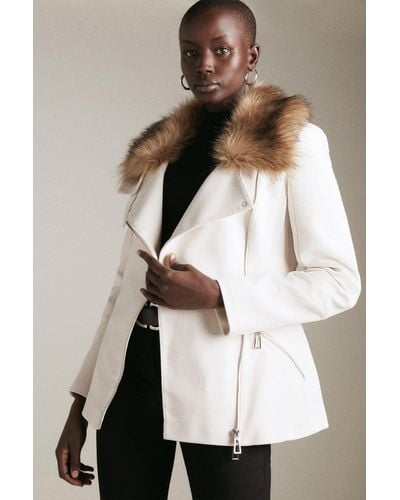 Karen Millen Italian Moleskin Faux Fur Collar Jacket - Natural