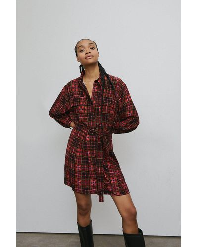 Warehouse Woven Mini Shirt Dress In Check Print - Red