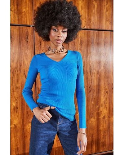 ANOTHER SUNDAY V Neck Ribbed Knitted Jumper In Blue