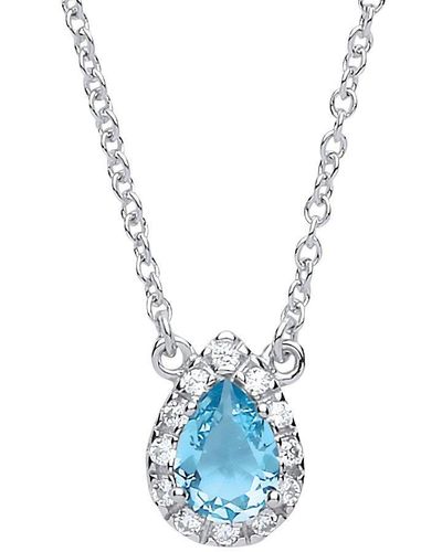 Jewelco London Silver Aqua Pear Cz Teardrop Halo Charm Necklace 16 + 2 Inch - Gvk159aqua - Blue