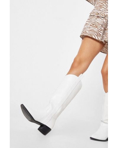 Nasty Gal Faux Leather Western Knee High Heeled Boots - White