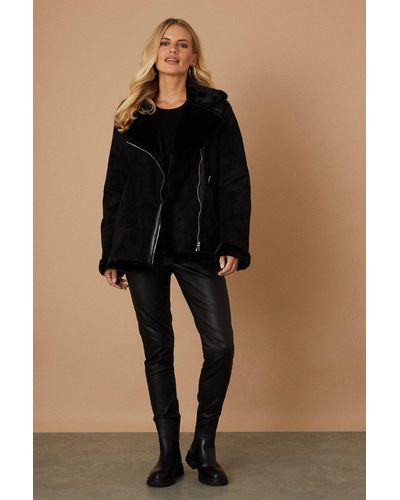 Wallis Petite Longline Suedette Faux Fur Aviator Jacket - Black