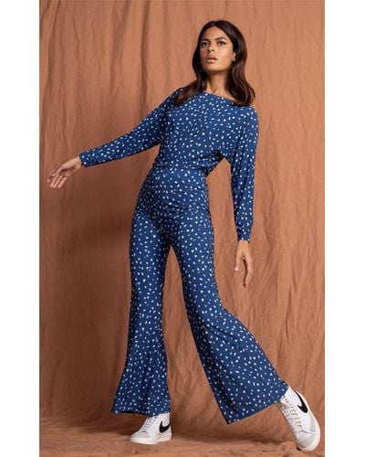 Dancing Leopard La Vita Bella Abstract Print Lounge Set Soft Stretch Wide Leg Outfit - Blue
