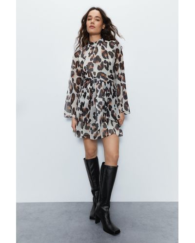 Warehouse Leopard Tiered Chiffon Mini Dress - Natural