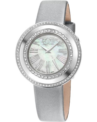 Gevril Gandria Swiss Quartz Diamond Swiss Watch, 316l Ss Case, White Mop Dial, Genuine Italian Made Silver Leather Strap - Grey