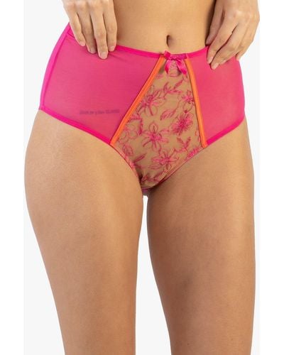 Playful Promises Olivia Contrast Embroidery High Waist Brief - Pink