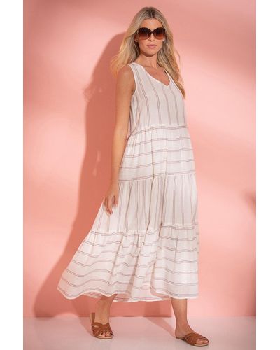 Klass Stripe Tiered Cotton Boho Maxi Dress - Pink
