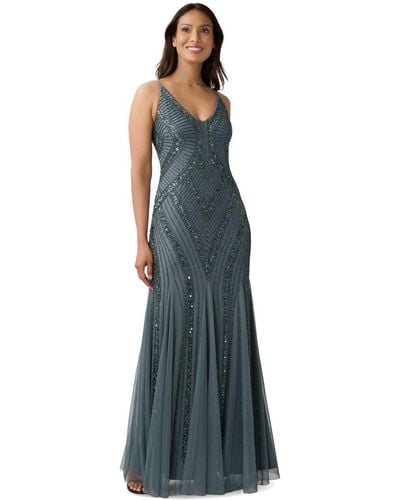 Adrianna Papell Beaded Tank Gown With Godets - Blue