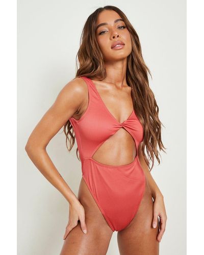 Boohoo Rib Cut Out Twist Swimsuit - Red