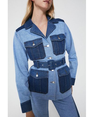 Warehouse Denim Patchwork Belted Jacket - Blue