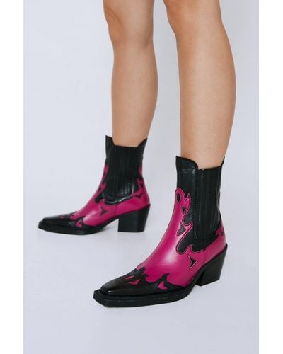 Nasty Gal Real Leather Contrast Ankle Western Boots - Pink