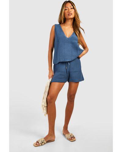 Boohoo Ribbed Vest Top And Short Co Ord - Blue