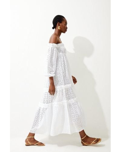 Karen Millen Cotton Broderie Bardot Woven Maxi Dress - White
