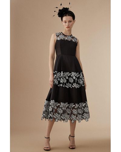 Coast Lisa Tan Corded Lace Panelled Full Skirt Midi Dress - Natural