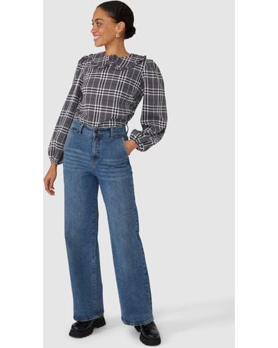 Red Herring Mono Check Frill Collar Blouse - Blue