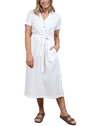 LILY & ME Softest Crinkle Cotton Eden Dress V-neck Mandarin Collar With Buttons - White