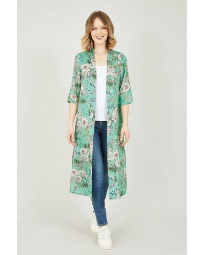 Yumi' Sage Green Tropical Palm Print Kimono