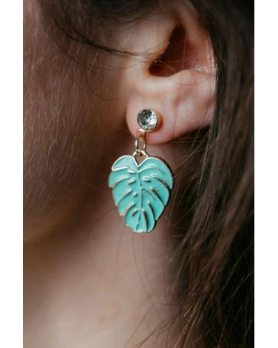 The Colourful Aura Green Feather Leaf Zircon Charm Drop Stud Earrings - Brown