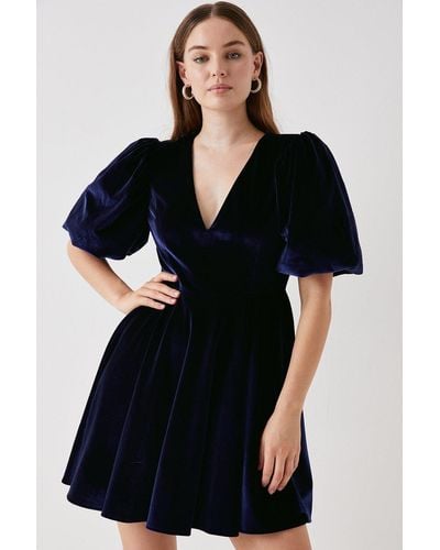 Debut London Puff Sleeve Velvet Mini Dress - Black