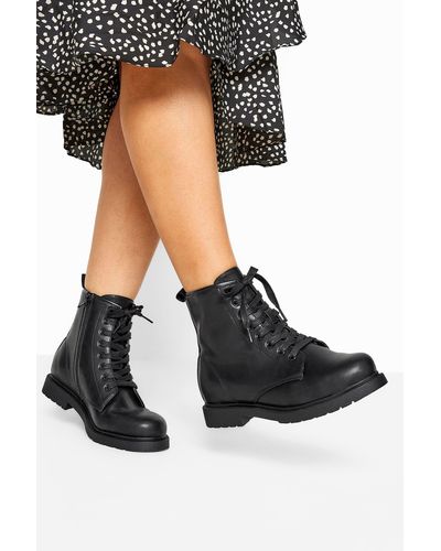 Yours Wide & Extra Wide Fit Faux Leather Lace Up Ankle Boots - Black