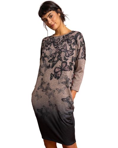 Roman Butterfly Print Embellished Slouch Dress - Natural