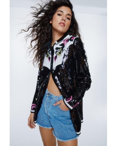 Nasty Gal Sequin Floral Embroidered Shirt - Blue