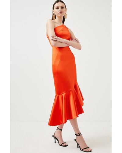 Karen Millen Italian Structured Satin Asymmetric Hem Midaxi Dress