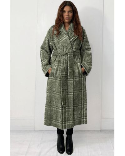 Cutie London Oversized Chequered Wrap Coat With Tie Belt - Green