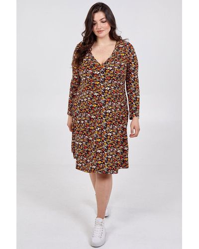Blue Vanilla Curve Button Front Fit & Flare Dress - Brown