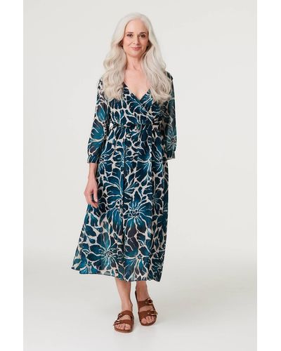 Izabel London Floral Semi Sheer V-neck Midi Dress - Blue