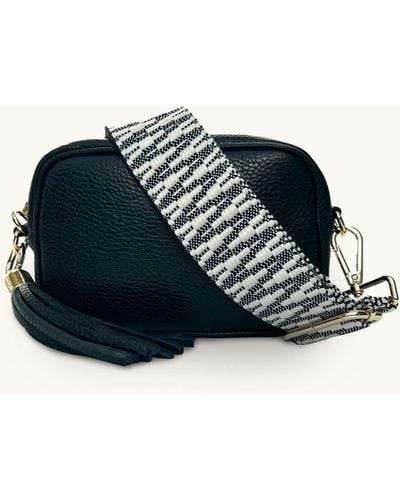 Apatchy London The Mini Tassel Black Leather Phone Bag With Midnight Zigzag Strap