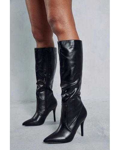 MissPap Leather Look Pointed Knee High Boots - Black