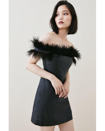 Karen Millen Leather Bardot Feather Mini Dress - Black