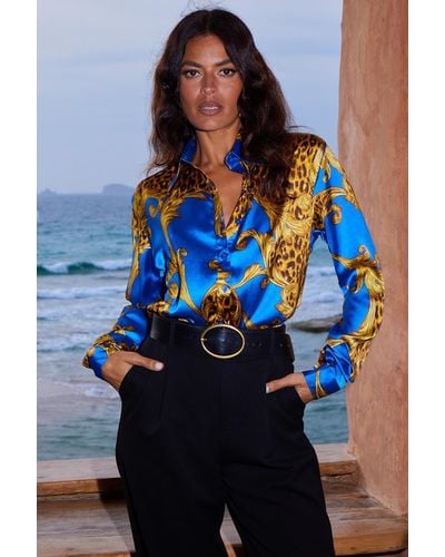 Dancing Leopard Nevada Baroque Print Satin Shirt Soft Long Sleeve Button Down Blouse - Blue