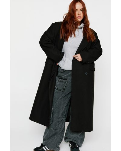 Nasty Gal Plus Size Contrast Collar Wool Look Tailored Coat - Black
