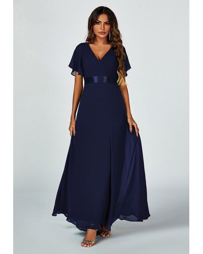 FS Collection Angel Sleeves Empire Waist Bridesmaid Dress In Navy - Blue